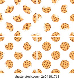 Seamless pattern with chocolate chip cookies, whole, bitten and broken cookies on white background