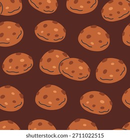 Seamless pattern with chocolate chip cookies. Ginger Christmas cookies. Perfect for banner, wallpaper, wrapping paper, background, card, poster. Vector illustration