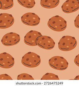 Seamless pattern with chocolate chip cookies. Ginger Christmas cookies. Perfect for banner, wallpaper, wrapping paper, background, card, poster. Vector illustration