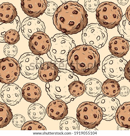 Seamless pattern with chocolate chip cookies. Repetitive background with breakfast biscuits and delicious cupcakes. 