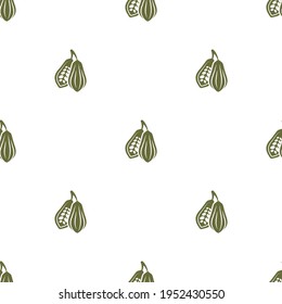 Seamless pattern with chocolate cocoa beans. Cacao food and cosmetics butter. Cosmetic and culinary ornament. Desserts, spa wallpaper. Vector flat illustration isolated on white. 