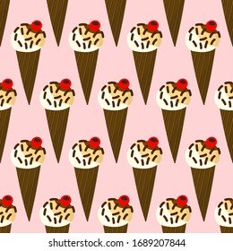 Patrón inoxidable con helado de color chocolate. Un postre congelado amarillo en un cono con vainilla, helado de cono.  vector dibujado a mano. Símbolo de verano. Diseño plano para invitación, afiche, tarjeta, tela.