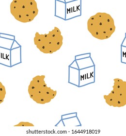 Seamless pattern with chocolate cookies and milk box. Cute illustration with a box of milk and a bitten chocolate chip cookie. Favorite treats: milk and cookies