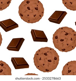 Patrón sin fisuras con galletas de chocolate y trozos de chocolate. Fondo de comida dulce. Ilustración plana de dibujos animados de Vector. 