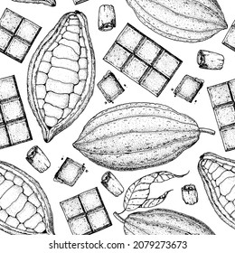 Patrón sin foco. Cocina de chocolate e ingredientes para chocolate, ilustración de boceto. Cacao y productos de cacao. Fondo vintage. Diseño de paquetes de alimentos saludables. Dibujado a mano, diseño de paquete.