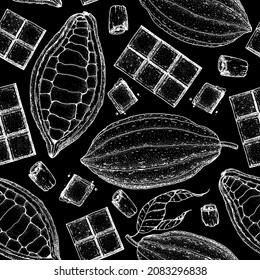 Seamless pattern. Chocolate cooking and ingredients for chocolate, sketch illustration. Cocoa pod and cocoa products. Vintage background. Healthy food packaging design. Hand drawn, package design.