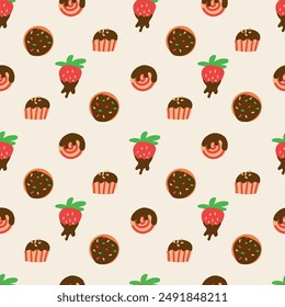 seamless pattern chocolate covered strawberry and cakes. Template for Notebook covers, pattern for wallpapers, textile or for cafe, bakery. hand-drawn vector elements. Cute sweet food