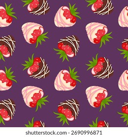Seamless pattern with chocolate covered strawberry drizzled with white and pink stripe in flat style. Design for romantic dessert food package.