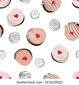Seamless  pattern with chocolate covered sweet glaze vector stock illustration isolated on white background. Pastry sweets bakery products desserts can be used as background, packaging paper, textile