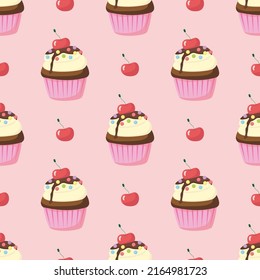 Seamless pattern of chocolate cupcake with cherry, souffle and colored sugar balls in cupcake paper on pink. Hand drawn cute cream pastries. Muffin dessert sweet, food. Bakery shop, cooking, tea party
