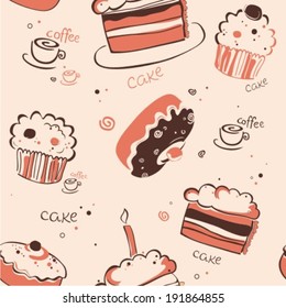 Seamless pattern with chocolate cupcake, cookies and coffee