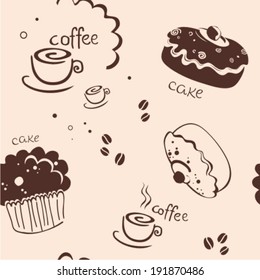 Seamless pattern with chocolate cupcake, cookies and coffee