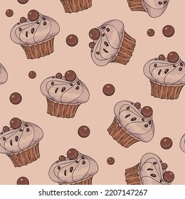 Seamless pattern with chocolate cupcake with cream, chocolate chips and sphere on beige background. Muffin with topping