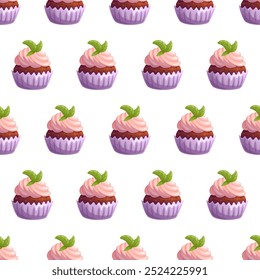 Patrón sin fisuras con cupcake de chocolate con crema rosa. Ilustración vectorial.