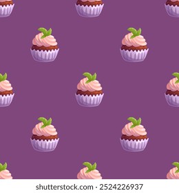 Seamless pattern with chocolate cupcake with pink cream. Vector illustration.