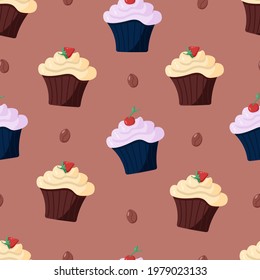 Seamless pattern with chocolate cupcakes with cream and berries. Vector illustration of a sweet dessert.