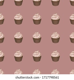 Seamless Pattern with chocolate cupcakes on simple background. Cute sweets and colorful wallpaper design. Vector icon illustration for web, print,  fabric, stickers