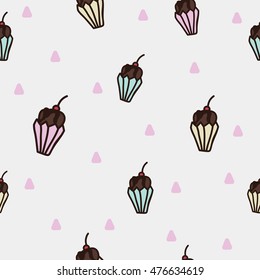 Seamless pattern with chocolate cupcakes and pink triangles