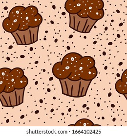 Seamless pattern with chocolate cupcakes. Vector illustration in Doodle style for decorating a pastry shop, restaurant menu, banner, textile.
