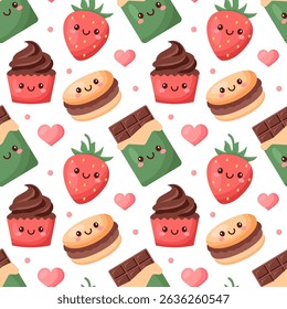 Seamless Pattern of Chocolate Desserts with Cakes and Melted Sweets in Flat Cartoon Style Illustration
