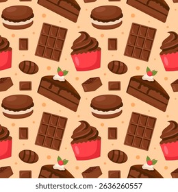 Seamless Pattern of Chocolate Desserts with Cakes and Melted Sweets in Flat Cartoon Style Illustration