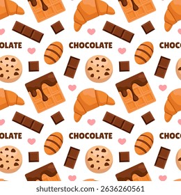 Seamless Pattern of Chocolate Desserts with Cakes and Melted Sweets in Flat Cartoon Style Illustration