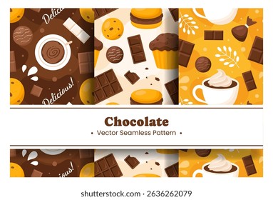 Seamless Pattern of Chocolate Desserts with Cakes and Melted Sweets in Flat Cartoon Style Illustration