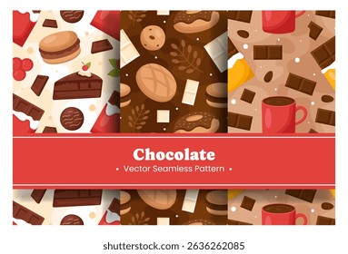 Seamless Pattern of Chocolate Desserts with Cakes and Melted Sweets in Flat Cartoon Style Illustration