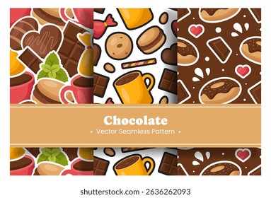 Seamless Pattern of Chocolate Desserts with Cakes and Melted Sweets in Flat Cartoon Style Illustration
