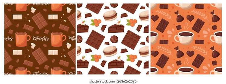 Seamless Pattern of Chocolate Desserts with Cakes and Melted Sweets in Flat Cartoon Style Illustration
