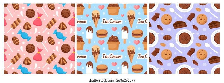 Seamless Pattern of Chocolate Desserts with Cakes and Melted Sweets in Flat Cartoon Style Illustration