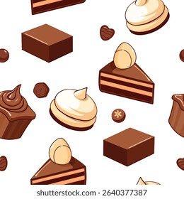 Seamless Pattern of Chocolate Desserts on White Background – Cute Vector Sweets Including Chocolate Cake Slice, Candy, Cupcake, Meringue, and Pastries for Chocolate Day, Bakery Design, Kids Decor, and