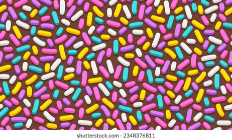 Seamless pattern of chocolate donut glaze with many colorful decorative sprinkles. Flat style. Vector background