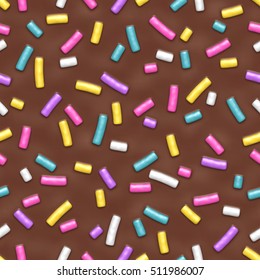 Seamless pattern chocolate donut glaze and many decorative sprinkles  Vector background made and gradient meshes  Background design for banner  poster  flyer  card  postcard  cover  brochure 