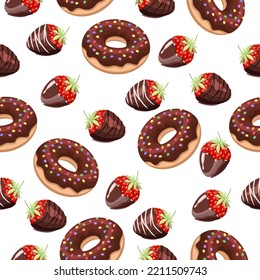Seamless pattern of chocolate donut and strawberry berry in chocolate on a white background.Vector appetizing pattern for pastry shops, bakeries,textiles,postcards.