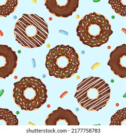 Seamless pattern with chocolate donuts and colorful sprinkles. Vector illustration for fabrics, textures, wallpapers, posters, cards. Editable elements.