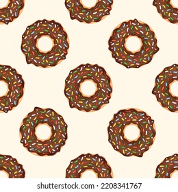 Nahtloses Muster mit SchokoladenDonuts und bunten Sprinklen. Vektorgrafik für Stoffe, Texturen, Wallpaper, Poster, Karten. Bearbeitbare Elemente.