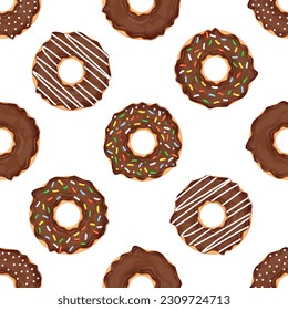 Seamless pattern with chocolate donuts and colorful sprinkles. Vector illustration for fabrics, textures, wallpapers, posters, cards. Editable elements.