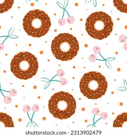 nahtloses Muster von SchokoladenDonuts mit bunten Sprinklen und süßen Kirschen, Vektorgrafik für Stoffe, Texturen, Tapeten, Poster, Karten, Cartoon-Flachstil