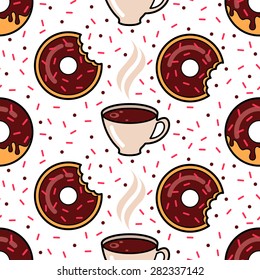 Seamless pattern with chocolate donuts and cup of coffee