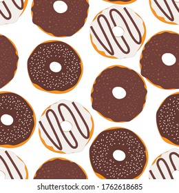Seamless pattern chocolate donuts with glaze and nuts food vector illustration.