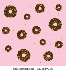 Seamless pattern of chocolate donuts isolated on pink background. Vector illustration.