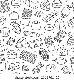 Seamless pattern of chocolate doodle set.  Different kinds of chocolate. Cocoa bean, chocolate candies, chocolate bar in sketch style. Hand drawn vector illustration