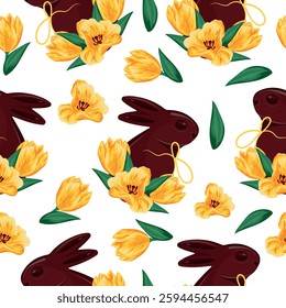 seamless pattern with chocolate Easter bunnies and yellow tulip buds with yellow ribbons arranged randomly, for Easter decorations