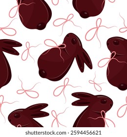 seamless pattern with chocolate Easter bunnies with pink ribbons arranged randomly, for Easter decorations