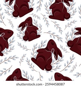 seamless pattern with chocolate Easter bunnies standing on their hind legs with willow branches and gray ribbons arranged randomly, for Easter decorations