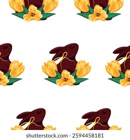 seamless pattern with chocolate Easter bunnies standing on their hind legs with yellow tulips and yellow ribbons, for Easter decorations