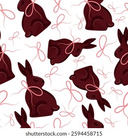 seamless pattern with chocolate Easter bunnies sitting on their hind legs and turned to the side with pink ribbons arranged randomly, for Easter decorations