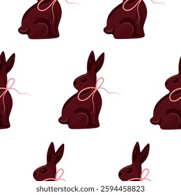 seamless pattern with chocolate Easter bunnies sitting on their hind legs and turned to the side with pink ribbons, for Easter decorations