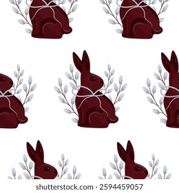 seamless pattern with chocolate Easter bunnies sitting on their hind legs and turned to the side with willow branches with gray ribbons, for Easter decorations